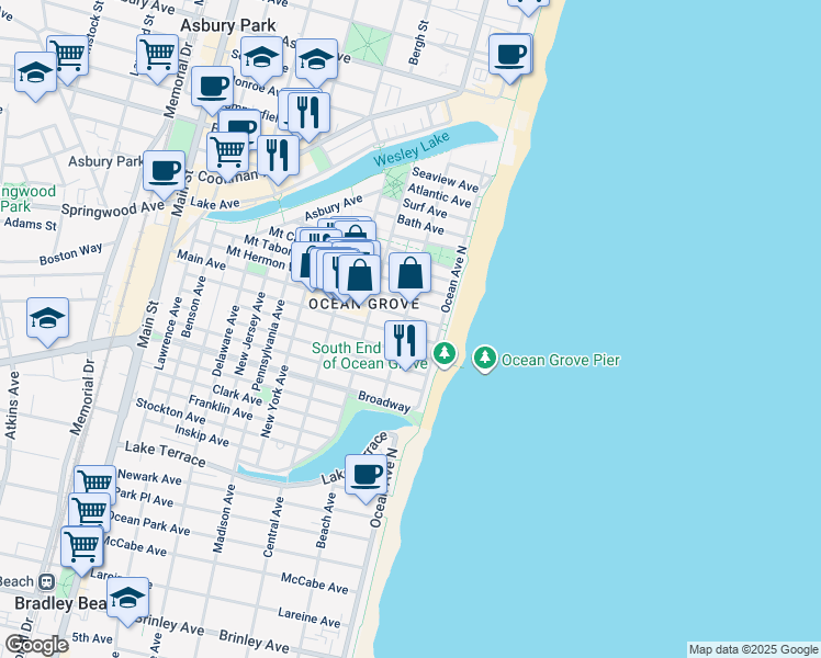 map of restaurants, bars, coffee shops, grocery stores, and more near 8 Olin Street in Neptune Township