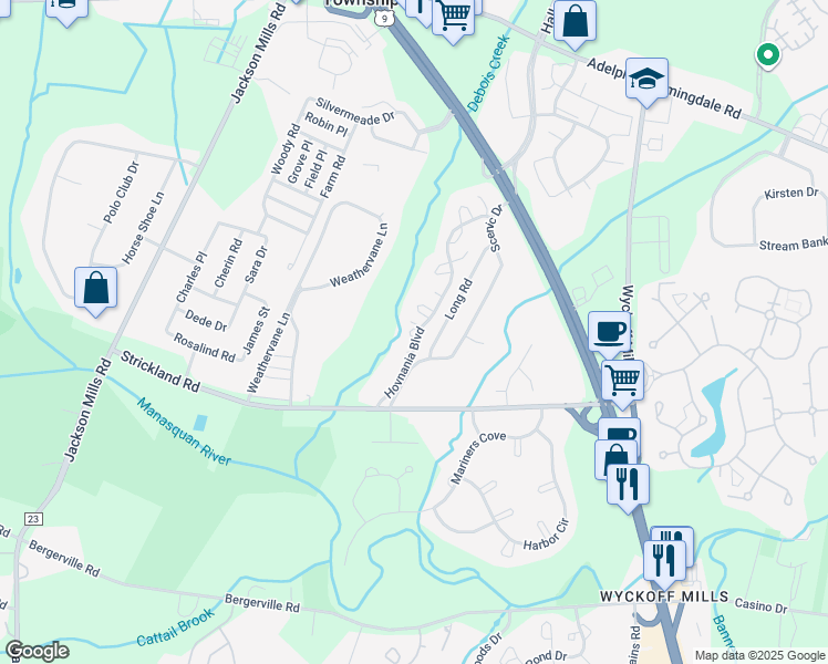 map of restaurants, bars, coffee shops, grocery stores, and more near 9-2 Seattle Court in Freehold