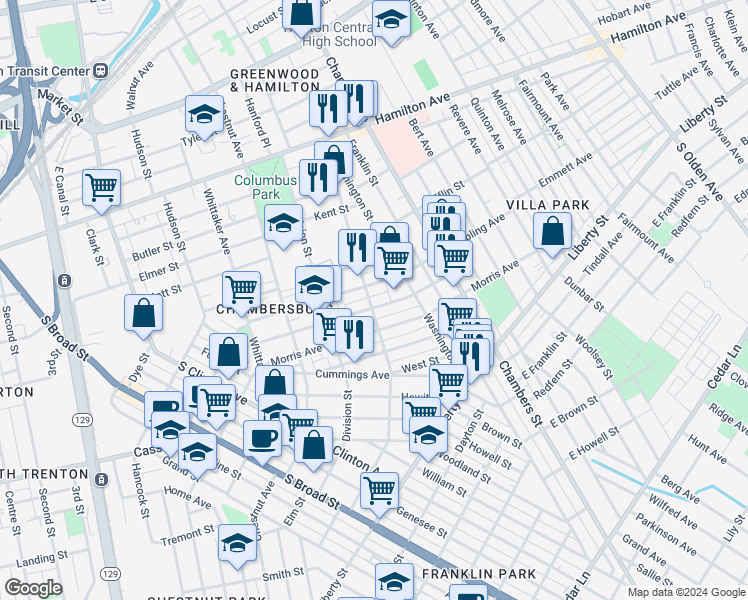 map of restaurants, bars, coffee shops, grocery stores, and more near 844 Roebling Avenue in Trenton