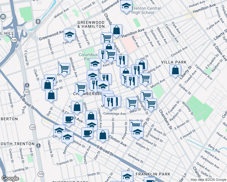 map of restaurants, bars, coffee shops, grocery stores, and more near 183 Anderson Street in Trenton