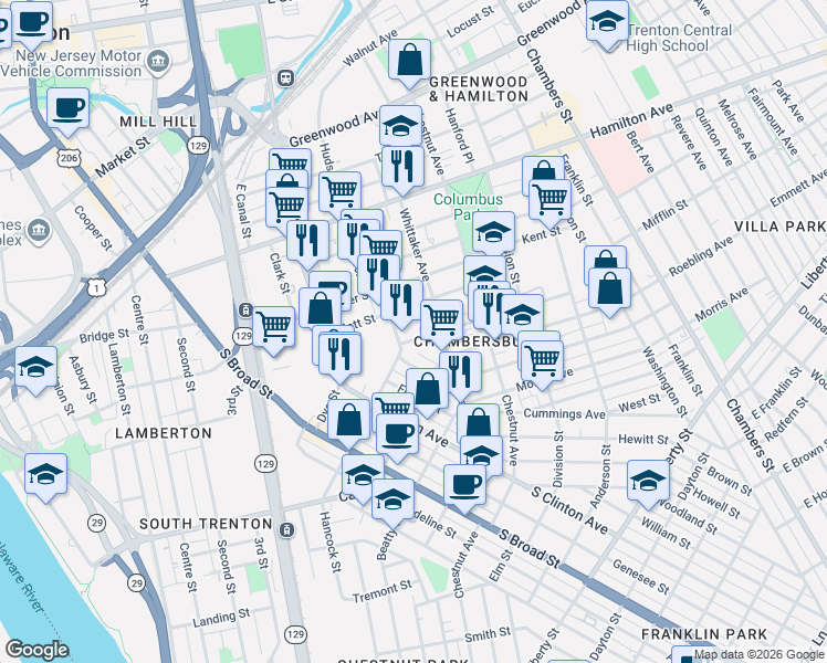 map of restaurants, bars, coffee shops, grocery stores, and more near 121 Mott Street in Trenton