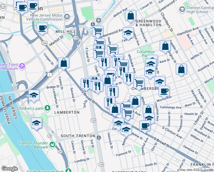 map of restaurants, bars, coffee shops, grocery stores, and more near 213 Elmer Street in Trenton
