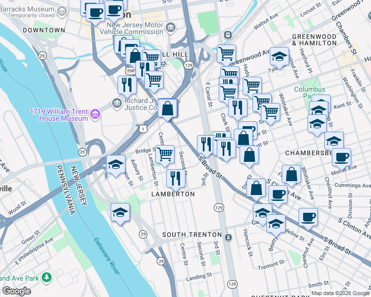 map of restaurants, bars, coffee shops, grocery stores, and more near 485 South Broad Street in Trenton