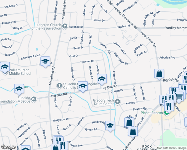 map of restaurants, bars, coffee shops, grocery stores, and more near 280 Hickory Road in Morrisville