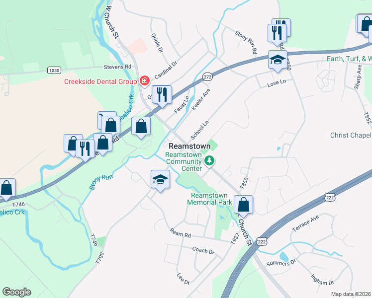 map of restaurants, bars, coffee shops, grocery stores, and more near in Reamstown