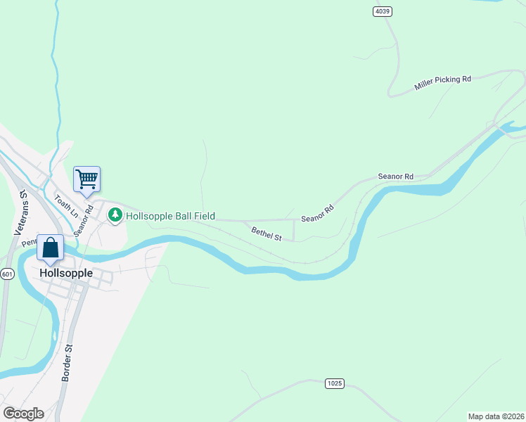 map of restaurants, bars, coffee shops, grocery stores, and more near 3192 Seanor Road in Hollsopple