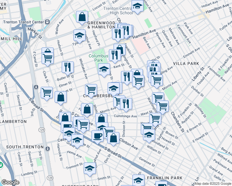 map of restaurants, bars, coffee shops, grocery stores, and more near Roebling Avenue & Division Street in Trenton