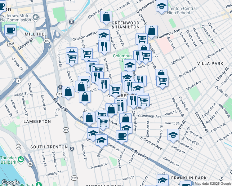 map of restaurants, bars, coffee shops, grocery stores, and more near 100 Swan Street in Trenton