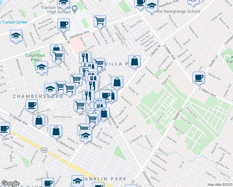 map of restaurants, bars, coffee shops, grocery stores, and more near 1418 Liberty Street in Trenton
