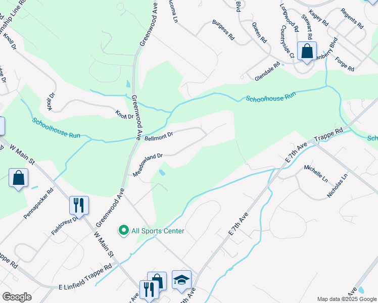 map of restaurants, bars, coffee shops, grocery stores, and more near 125 Meadowland Drive in Collegeville