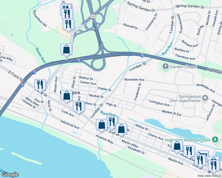 map of restaurants, bars, coffee shops, grocery stores, and more near 314 Poplar Street in Highspire
