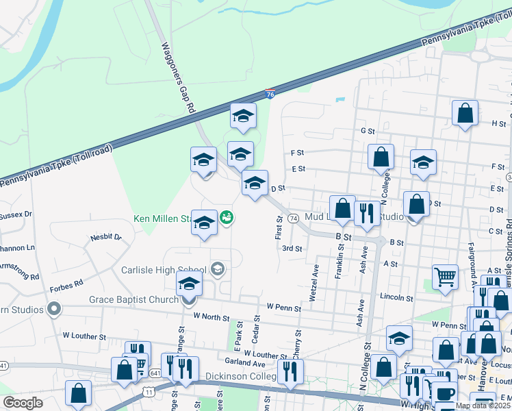 map of restaurants, bars, coffee shops, grocery stores, and more near 898 Waggoners Gap Road in Carlisle