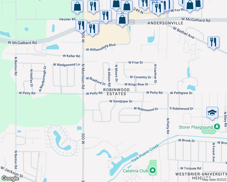 map of restaurants, bars, coffee shops, grocery stores, and more near 2204 North Allison Road in Muncie