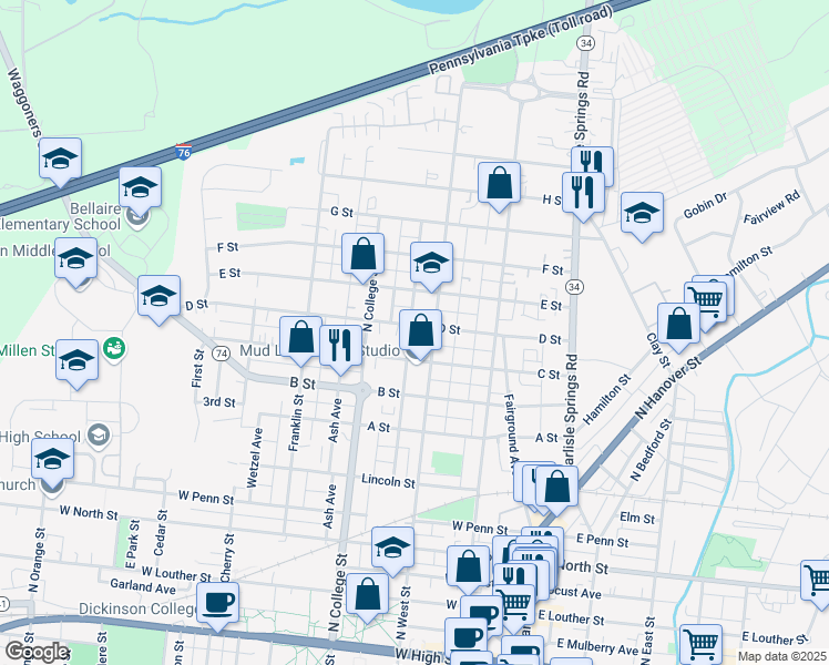map of restaurants, bars, coffee shops, grocery stores, and more near 735 Factory Street in Carlisle