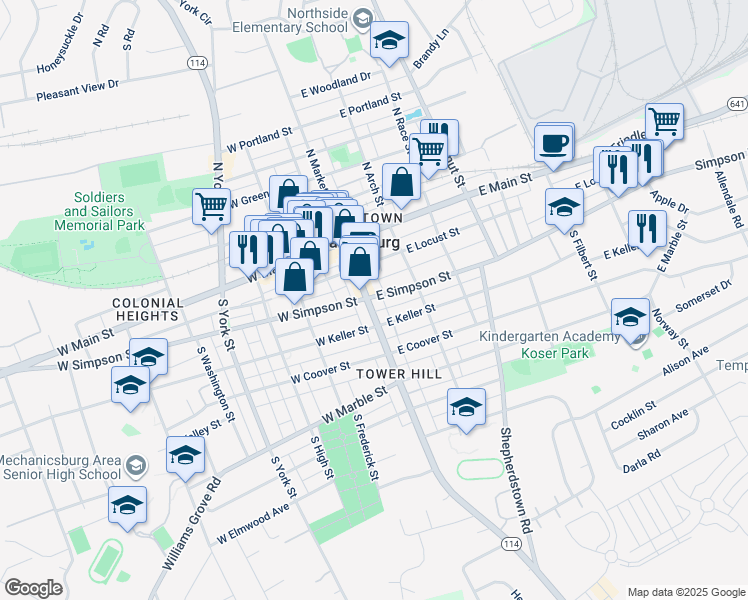 map of restaurants, bars, coffee shops, grocery stores, and more near 201 South Market Street in Mechanicsburg