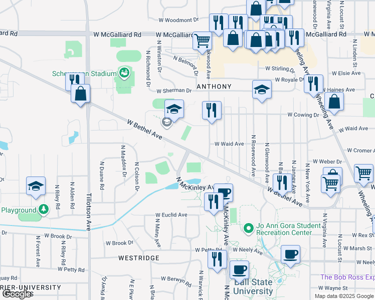 map of restaurants, bars, coffee shops, grocery stores, and more near 2200 West Bethel Avenue in Muncie