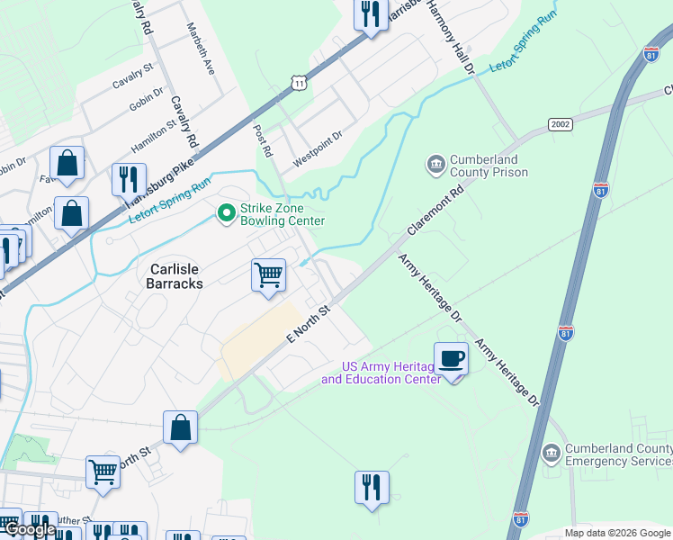 map of restaurants, bars, coffee shops, grocery stores, and more near 38 Parker Spring Avenue in Carlisle