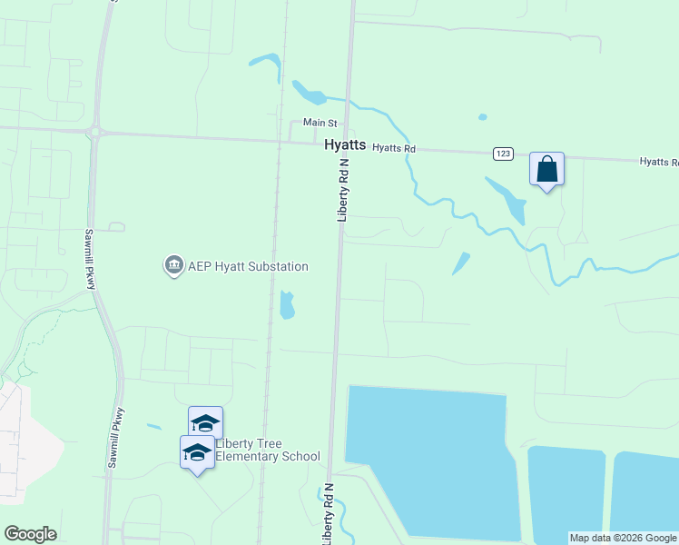 map of restaurants, bars, coffee shops, grocery stores, and more near 6290 Liberty Road in Powell