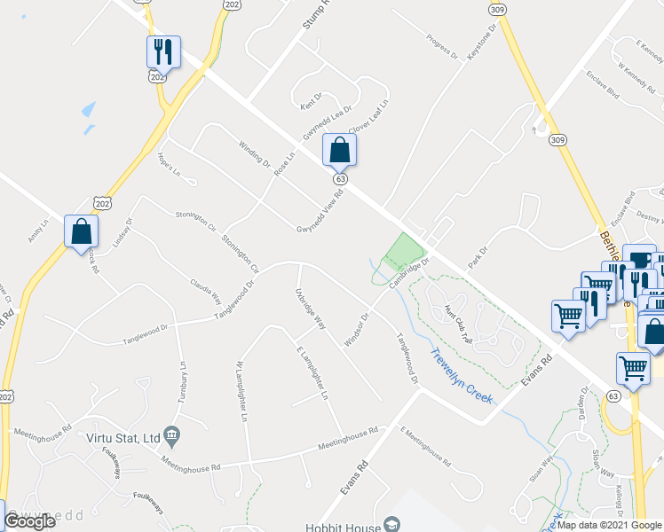 map of restaurants, bars, coffee shops, grocery stores, and more near 1385 Tanglewood Drive in North Wales