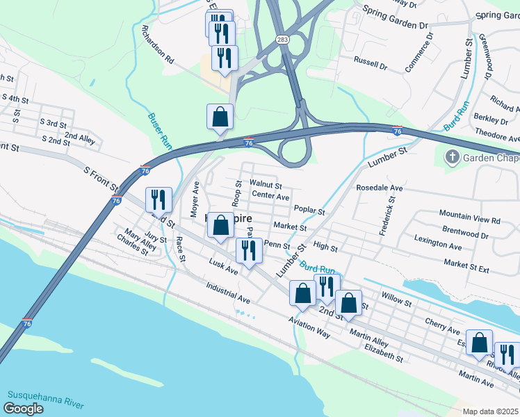 map of restaurants, bars, coffee shops, grocery stores, and more near 243 Poplar Street in Highspire