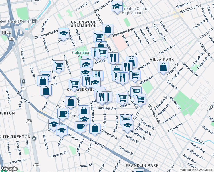 map of restaurants, bars, coffee shops, grocery stores, and more near 183 Anderson Street in Trenton