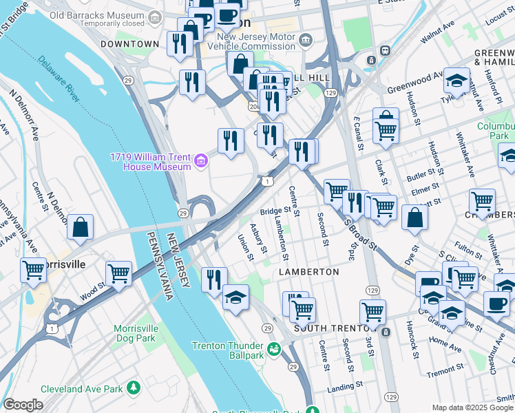 map of restaurants, bars, coffee shops, grocery stores, and more near 330-REAR Bridge Street in Trenton