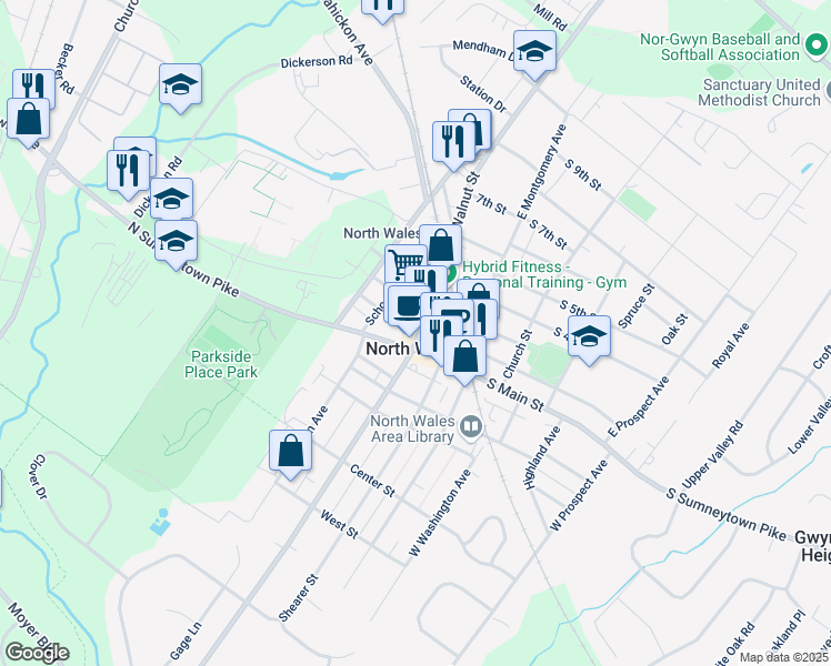 map of restaurants, bars, coffee shops, grocery stores, and more near 213 East Walnut Street in North Wales