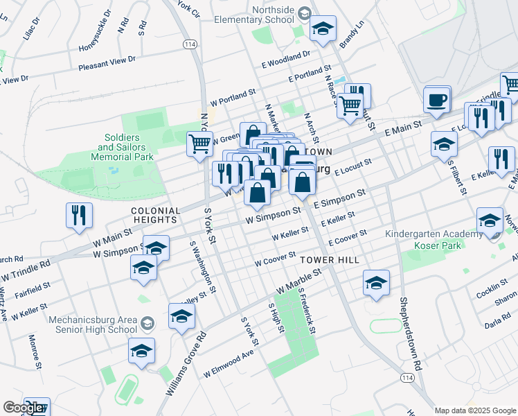 map of restaurants, bars, coffee shops, grocery stores, and more near 9 South Frederick Street in Mechanicsburg