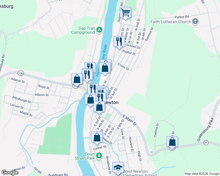 map of restaurants, bars, coffee shops, grocery stores, and more near 143 North 2nd Street in West Newton