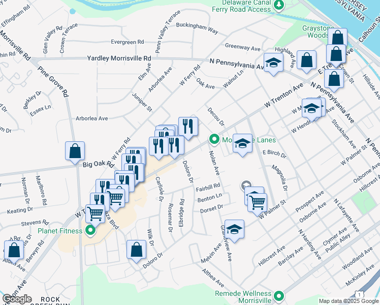 map of restaurants, bars, coffee shops, grocery stores, and more near 411 West Trenton Avenue in Morrisville
