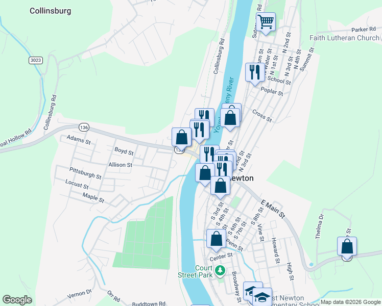 map of restaurants, bars, coffee shops, grocery stores, and more near 113 West Main Street in West Newton