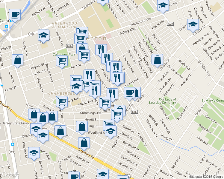 map of restaurants, bars, coffee shops, grocery stores, and more near 413 Franklin St in Trenton