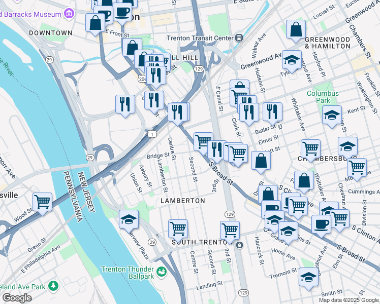 map of restaurants, bars, coffee shops, grocery stores, and more near Bridge Street & 2nd Street in Trenton