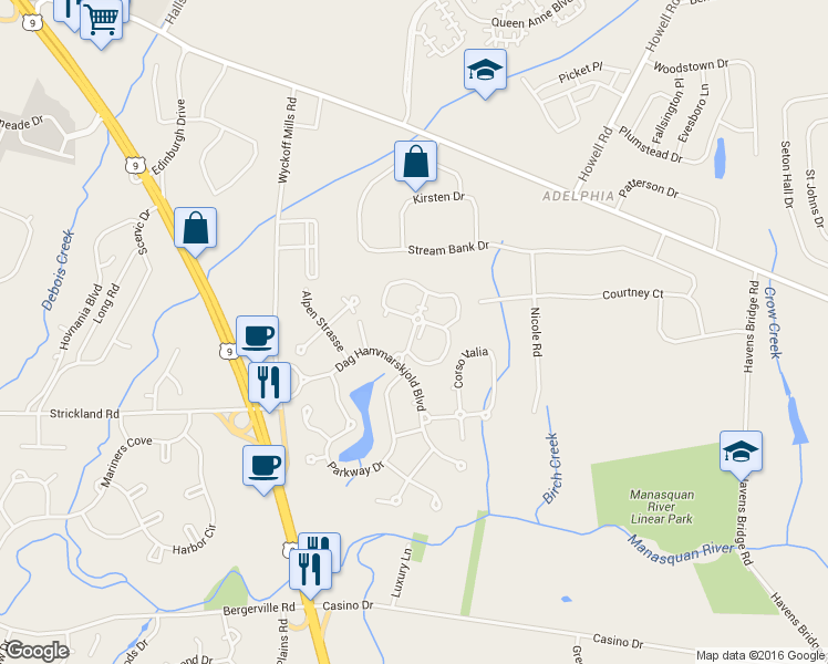 map of restaurants, bars, coffee shops, grocery stores, and more near Correra Del Darro in Freehold