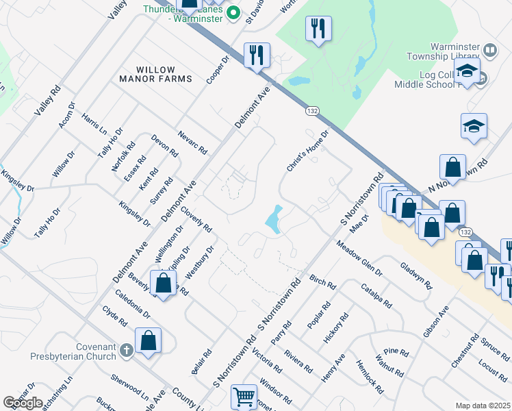 map of restaurants, bars, coffee shops, grocery stores, and more near 161 Villa Drive in Warminster