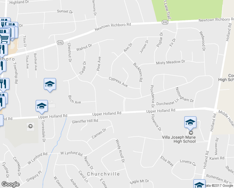 map of restaurants, bars, coffee shops, grocery stores, and more near 353 Glen Meadow Road in Richboro