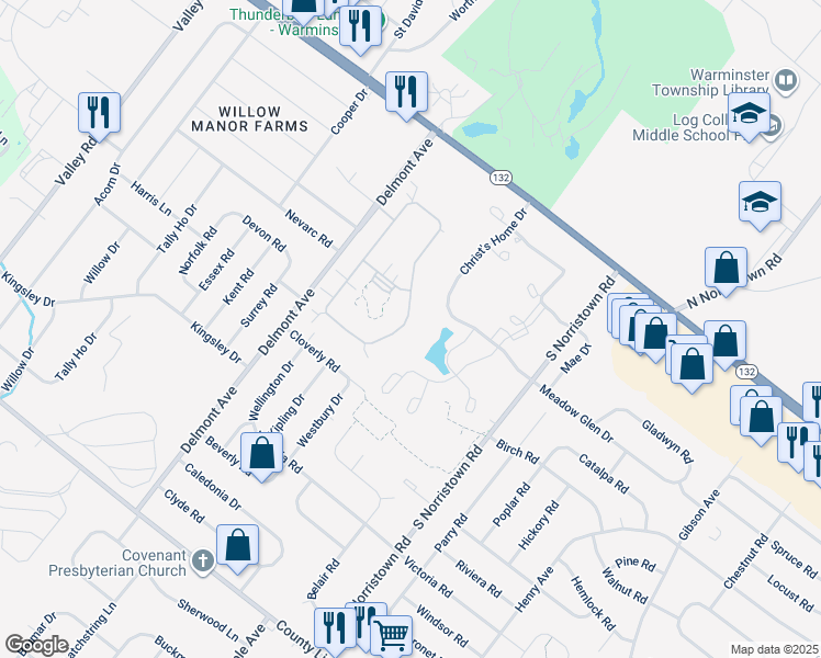 map of restaurants, bars, coffee shops, grocery stores, and more near 161 Villa Drive in Warminster
