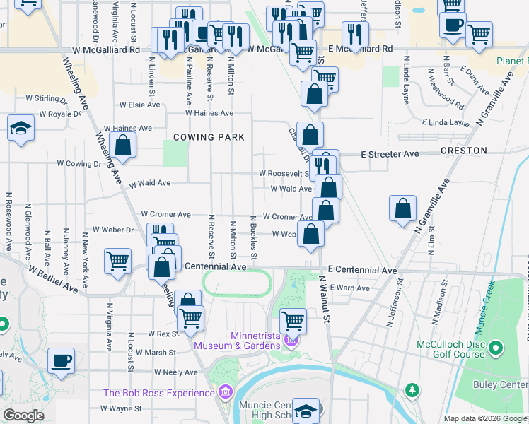 map of restaurants, bars, coffee shops, grocery stores, and more near 2100 N Buckles St in Muncie