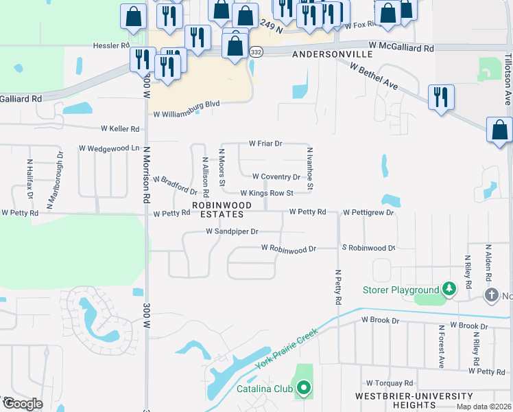 map of restaurants, bars, coffee shops, grocery stores, and more near 4301-4599 W Kings Row St in Muncie