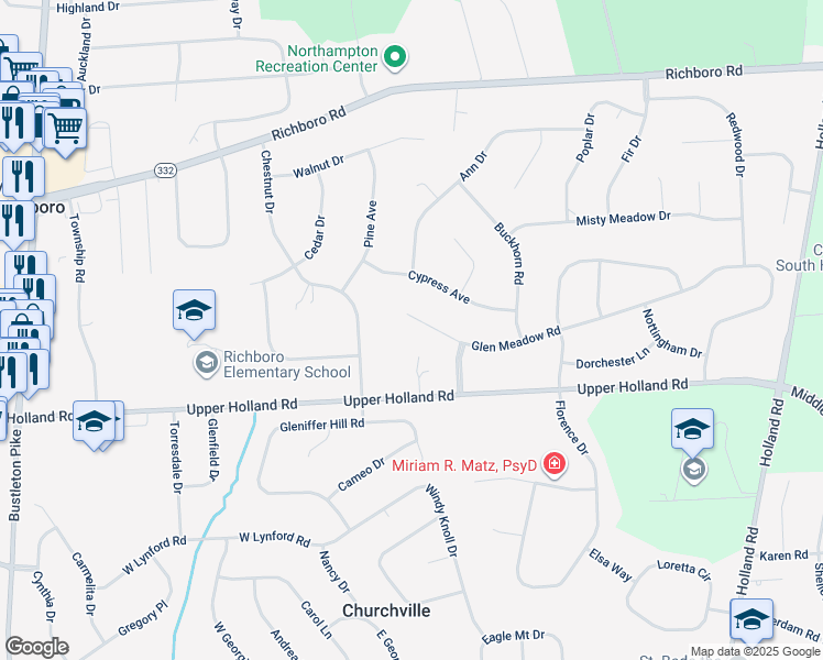 map of restaurants, bars, coffee shops, grocery stores, and more near 353 Glen Meadow Road in Richboro
