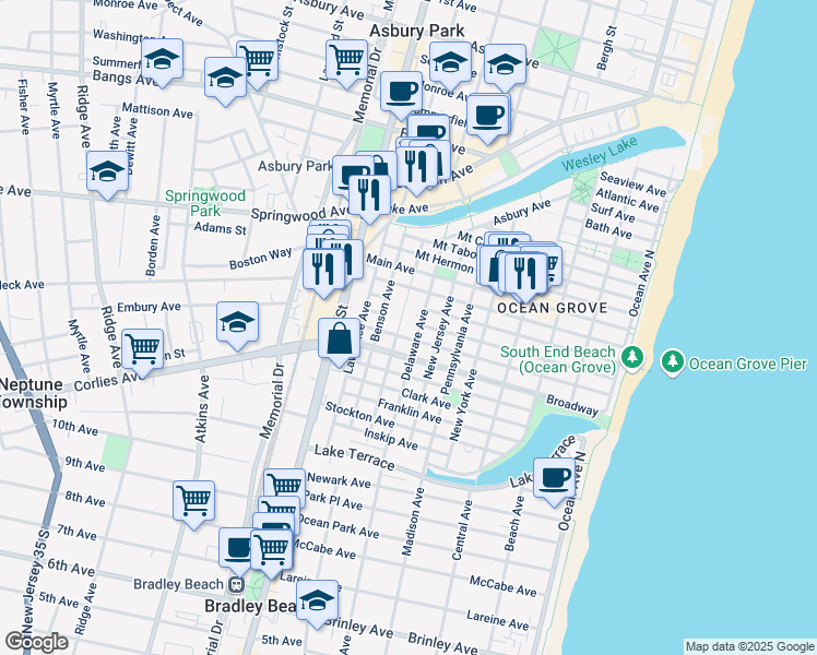 map of restaurants, bars, coffee shops, grocery stores, and more near 67 Delaware Avenue in Neptune Township