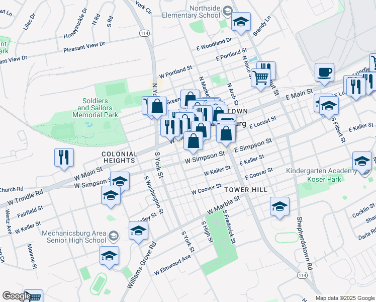 map of restaurants, bars, coffee shops, grocery stores, and more near 133 West Locust Street in Mechanicsburg