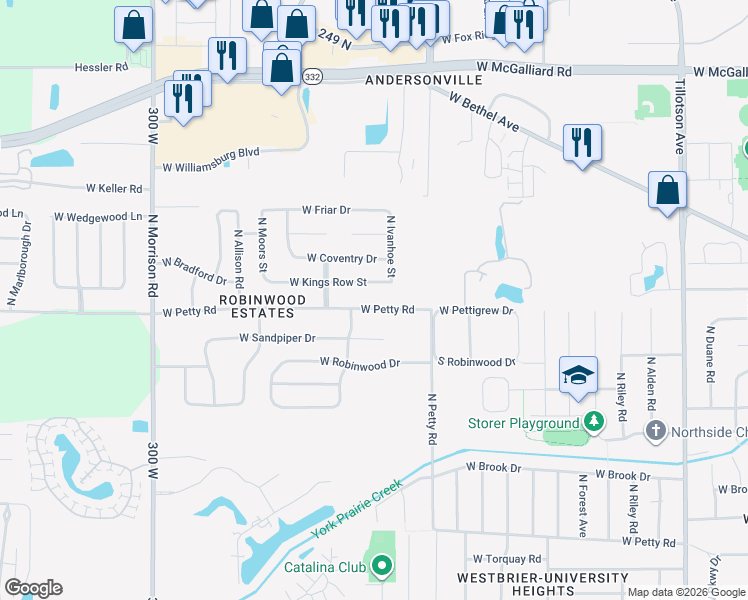 map of restaurants, bars, coffee shops, grocery stores, and more near 4009 W Kings Row St in Muncie