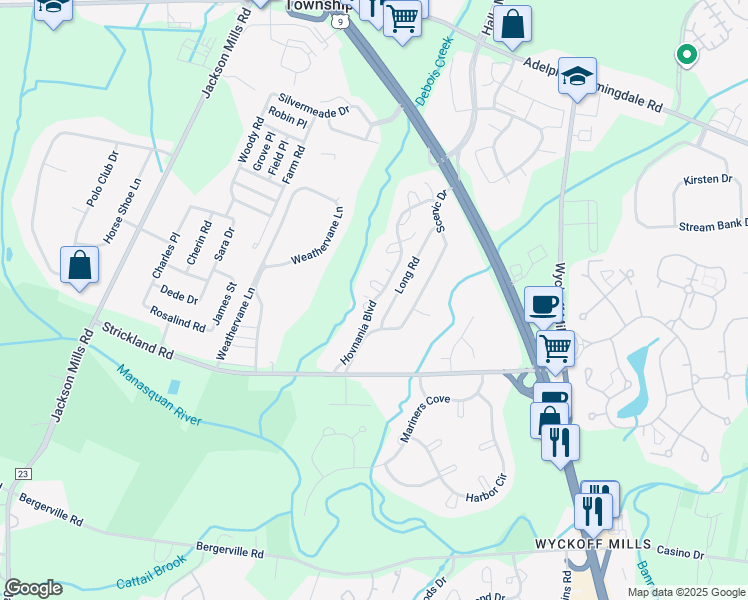 map of restaurants, bars, coffee shops, grocery stores, and more near 1 Portland Court in Freehold