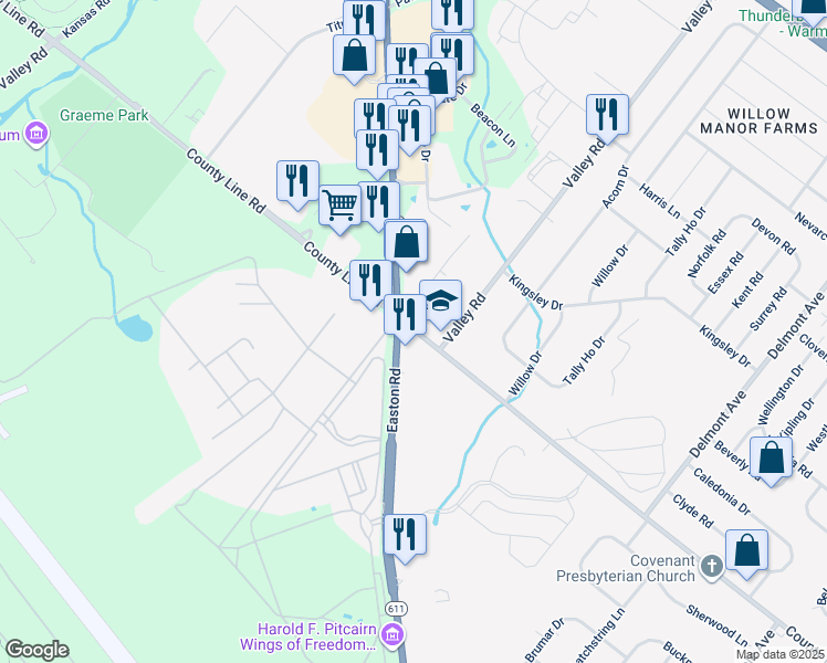 map of restaurants, bars, coffee shops, grocery stores, and more near 1619 West County Line Road in Hatboro