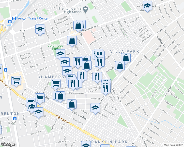 map of restaurants, bars, coffee shops, grocery stores, and more near Washington St & Emory Ave in Trenton