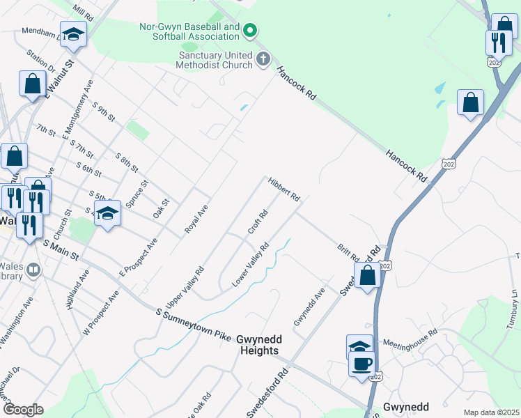 map of restaurants, bars, coffee shops, grocery stores, and more near 325 Upper Valley Road in North Wales