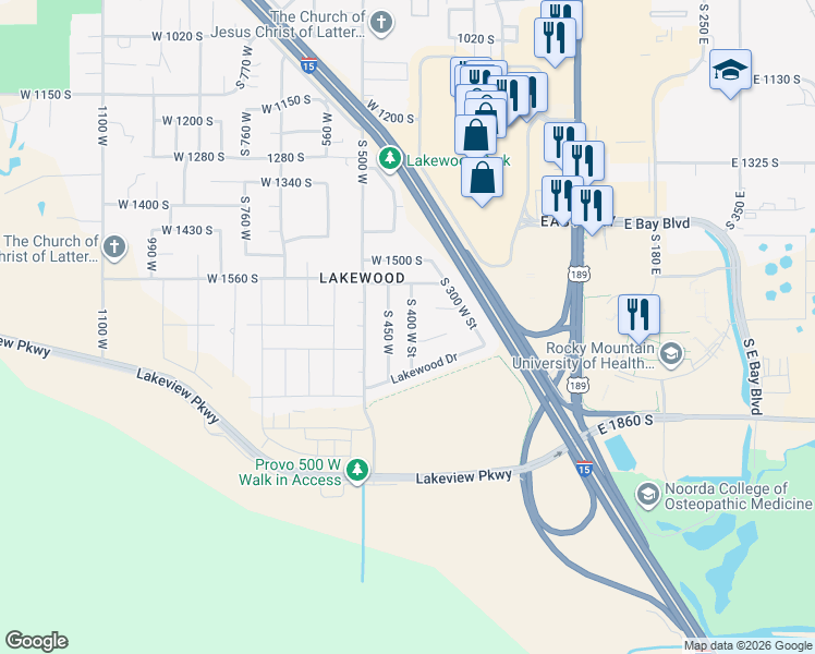 map of restaurants, bars, coffee shops, grocery stores, and more near 1632 South 400 West Street in Provo