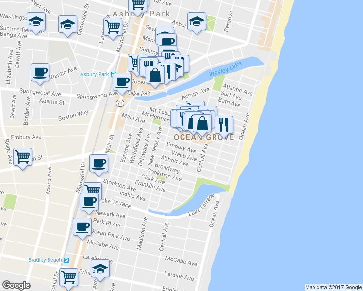 map of restaurants, bars, coffee shops, grocery stores, and more near 73 Heck Avenue in Neptune Township