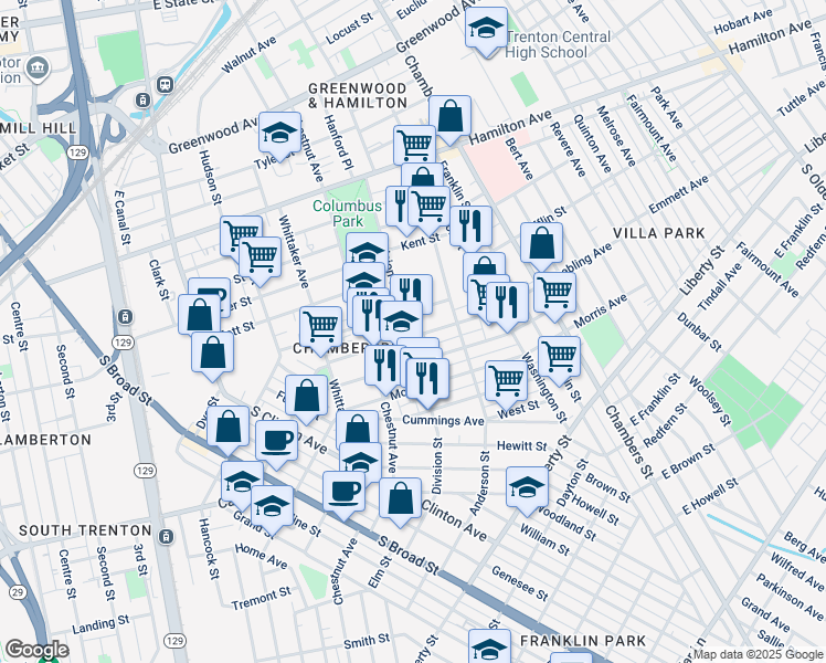 map of restaurants, bars, coffee shops, grocery stores, and more near 3 College Street in Trenton